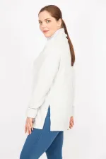 Kadın Gri Büyük Beden Boğazlı Yaka Yumoş Kumaş Kendinden Çizgili Tunik