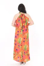 Kadın Büyük Beden Renkli Boyundan Bağlamalı Astarsız Krep Elbise 65N37940