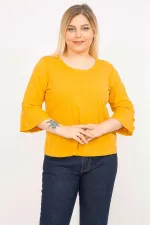 Kadın Hardal Büyük Beden Pamuklu Kumaş Kolları Süs Düğmeli Kapri Kollu Bluz 65N35766