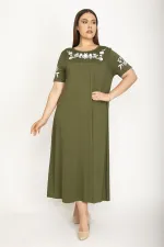Kadın Haki Sim Detaylı Ön Baskılı Viskon Elbise 65N27473