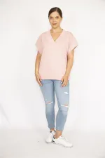 Kadın Pembe Büyük Beden V Yakalı Ribanalı Tunik