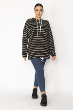 Women's Black Plus Size Front Placket Zippered Eyelet and Lace Detailed Hooded Striped Tunic