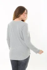 Kadın Büyük Beden Gri Bisiklet Yakalı Kendinden Çizgili Uzun Kollu Bluz 65N37529