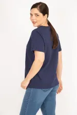 Kadın Lacivert Büyük Beden Pamuklu Kumaş Yaka Dantelli Bluz