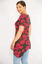 Kadın Renkli Büyük Beden Bisiklet Yakalı Etek Ucu Asimetrik Kesim Kısa Kollu Bluz