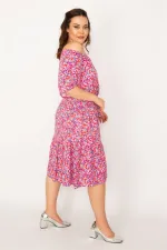 Kadın Fujya Yaka Lastikli Etek Ucu Büzgülü Dokuma Viskon Kumaş Elbise 65N33250