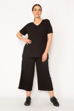 Kadın Fujya Kaşkorse Örme Beli Lastikli Geniş Paçalı Pantolon V Yakalı Bluz Takım 65N32939