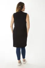 Kadın Büyük Beden Siyah Kaşkorse Kumaş Sıfır Yaka Yaka Kolsuz Uzun Bluz 65N37096