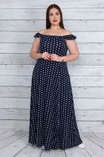 KADIN LACİVERT YAKA VE ASKILARI LASTİK DETAYLI PUAN DESENLİ YIRTMAÇLI UZUN ELBİSE