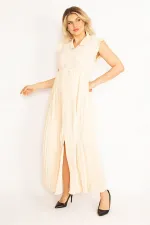 KADIN PUDRA  ETEĞİ VE KOL AĞZI PİLİSE DETAYLI ÖN DÜĞMELİ ELBİSE