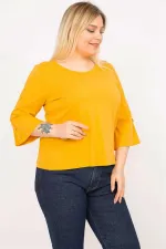 Kadın Hardal Büyük Beden Pamuklu Kumaş Kolları Süs Düğmeli Kapri Kollu Bluz 65N35766