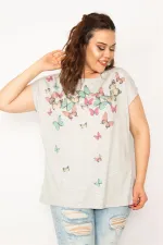 BLOUSE FEMME GRISE À MANCHES TOMBANTES IMPRIMÉ PAPILLON