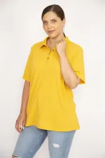 Kadın Hardal Büyük Beden Polo Yaka Ön Pat Düğmeli Kaşkorse Kumaş Kısa Kollu Bluz