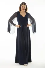 Kadın Büyük Beden Lacivert Bel Detaylı Kolları Tül Abiye Elbise 65N37065