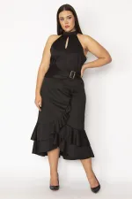 WOMEN'S BLACK HALTERNECK COLLAR DRESS WITH FLOUNCED AND BUCKLE DETAILS AND HIDDEN BACK ZIPPER