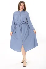 Kadın Lacivert Ön Düğmeli Roba Büzgülü Uzun Kuşaklı Elbise 65N37882