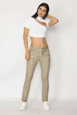 Pantalon pour femme en gabardine délavée kaki avec bonnets à boutons métalliques