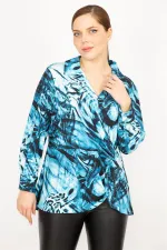 Kadın Mavi Büyük Beden Çıtçıt Kapama Anvelop Ön Büzgülü Tunik