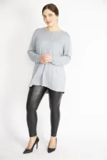 Kadın Gri Büyük Beden Bisiklet Yakalı Uzun Kollu Likralı Tunik