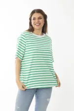 Kadın Büyük Beden Yeşil Bisiklet Yakalı Çizgili Bluz 65N37022