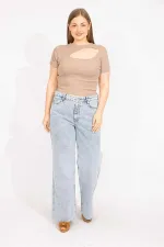 Kadın Mavi Büyük Beden Yıkama Efektli 5 Cepli Kot Pantolon 65N35545