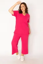 Kadın Fujya Kaşkorse Örme Beli Lastikli Geniş Paçalı Pantolon V Yakalı Bluz Takım 65N32939