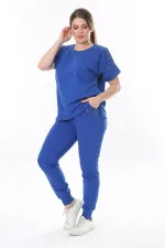 Kadın Büyük Beden Saks Taş Detaylı Kısa Kollu Sweatshirt Pantolon Takım 65N37702