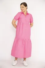 Kadın Büyük Beden Pembe Poplin Kumaş Ön Boy Düğmeli Elbise 65N36790