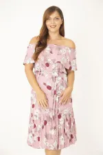 Kadın Büyük Beden Pembe Dokuma Viskon Kumaş Yakası Lastik Ve Volan Detaylı Elbise 65N36783