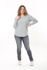 Kadın Büyük Beden Gri Bisiklet Yakalı Kendinden Çizgili Uzun Kollu Bluz 65N37529