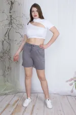 Kadın Gri Beli Lastik Ve Kuşgözü Bağcık Detaylı Cepli Pamuklu Kumaş Şort 65N23748