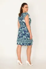 KADIN LACİVERT ANVELOP YAKALI BELİ LASTİK VE ETEK UCU KATLI ELBİSE