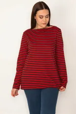 KADIN KIRMIZI BİSİKLET YAKALI UZUN KOLLU ÇİZGİLİ BLUZ