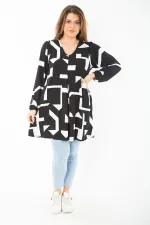 Kadın Büyük Beden Siyah Önü A Pileli V Yakalı Uzun Kollu Tunik 65N37437