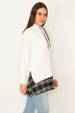 Kadın Kemik Kapşonlu Etek Ucu Ekose Garnili Sweatshirt 65N31947