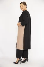 Kadın Büyük Beden İndigo Hırka İç Bluz Ve Pantolon Üçlü Takım