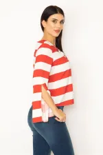 KADIN KIRMIZI YAKASI KUŞGÖZLÜ BAĞCIK DETAYLI KOL YIRTMAÇLI ÇİZGİLİ BLUZ