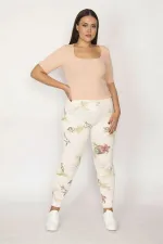 Kadın Bej Pamuklu Kumaş Desenli Tayt Pantolon 65N29873