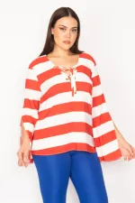 Kadın Kırmızı Yakası Kuşgözlü Bağcık Detaylı Kol Yırtmaçlı Çizgili Bluz 65N30165