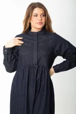 Women's Navy Blue Hidden Placket Metal Button Denim Dress 65N37375