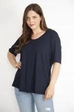 Kadın Lacivert Büyük Beden Önü İki Katlı Kısa Kollu Likralı Bluz