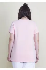 Kadın Büyük Beden Pembe Pamuklu Kumaş V Yaka Bluz