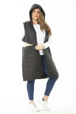 Kadın Büyük Beden Haki Ön Dermuarlı Kapşonlu Kapitone Astarlı Uzun Mont 65N37107