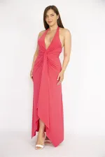 Kadın Fujya Büyük Beden Boyundan Bağlamalı Göğüs Büzgülü Uzun Elbise