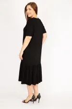 Kadın Saks Büyük Beden Nakış Detaylı V Yaka Yan Cepli Elbise