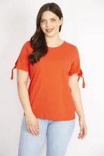 Kadın Nar Büyük Beden Pamuklu Kumaş Kol Bağcıklı Bluz