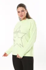 Kadın Büyük Beden Yeşil Sıfır Yaka Taş Detaylı Uzun Kollu Bluz 65N37708