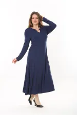 Kadın Büyük Beden Lacivert Öpücük Yakalı Uzun Kollu Elbise 65N37558