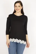 Kadın Siyah Büyük Beden Tek Omuz Dekolteli Etek Ucu Dantel Bluz