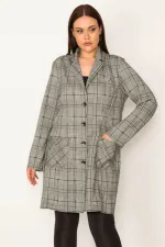 KADIN GRİ EKOSE DESENLİ ASTARSIZ ÖN DÜĞMELİ CEPLİ UZUN CEKET